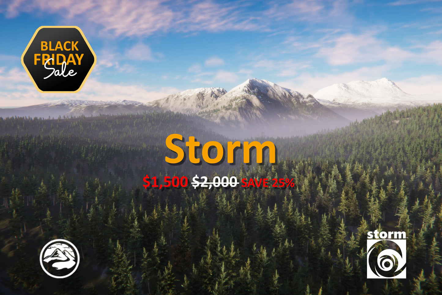 Vast scenic open-world landscape with mountains and forest, featuring 'Storm' Black Friday promotion 25% OFF