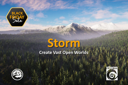 Vast scenic open-world landscape with mountains and forest, featuring 'Storm' Black Friday promotion