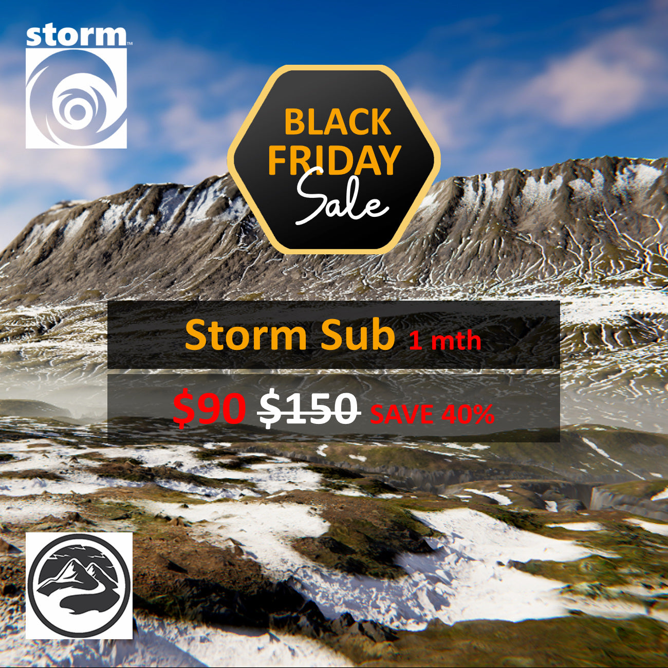 Black Friday sale advertisement for Storm Sub 1 month with snowy mountain landscape in the background