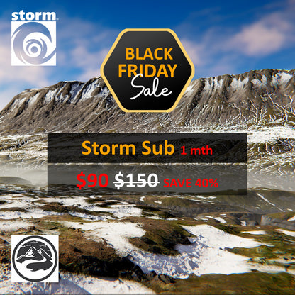 Black Friday sale advertisement for Storm Sub 1 month with snowy mountain landscape in the background