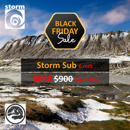 Black Friday sale advertisement for Storm Sub 6 months with snowy mountain landscape in the background