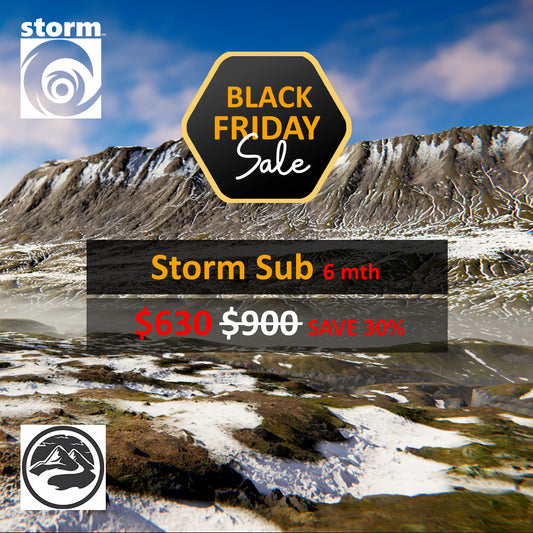 Black Friday sale advertisement for Storm Sub 6 months with snowy mountain landscape in the background